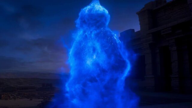 Mystical blue glowing djinn forming from swirling smoke in ancient desert ruins at twilight