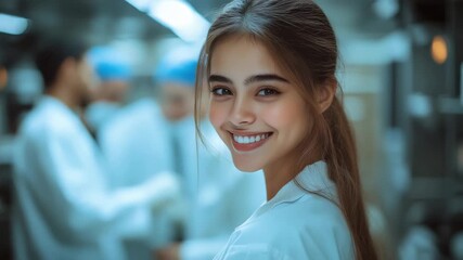 Smiling woman in lab coat works in busy kitchen during afternoon