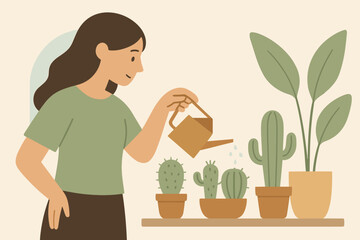 Brown marks cacti vector no icon potted watering typography numbers woman illustration