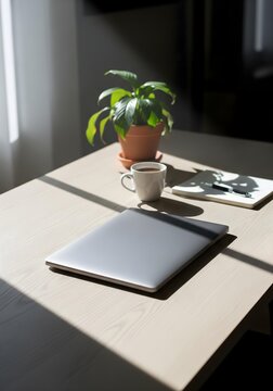 Closed laptop on clean desk symbolizing fresh start and focus