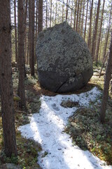 A mountain tundra landscape in Lapland in late spring, with snow still on the ground.