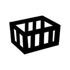 Minimalist black silhouette of an open slatted box or crate on a white background