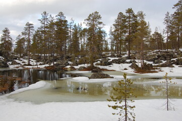 A mountain tundra landscape in Lapland in late spring, with snow still on the ground.