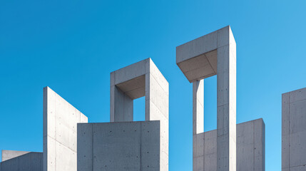 Obraz premium Brutalist architecture features towering concrete structures against clear blue sky, showcasing geometric shapes and modern design
