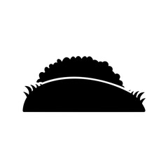 Stylized black silhouette featuring a rounded bush atop a grassy hill