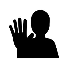 Person silhouette with a raised hand gesturing stop, warning, or expressing denial.