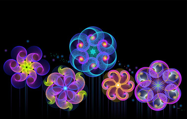 Fantasy abstract background with geometric flowers. Vintage of mathematically intertwined circles. Design for greeting, poster, mural wallpaper, invitation, decoration. Hand drawn vector illustration