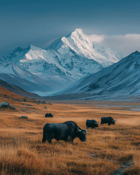 AI generator images of herd of yaks grazes in a mountainous, snow-covered landscape. Yaks in vast grasslands against a backdrop of towering, snow-capped mountains are a distinctive sight in the Tibet 