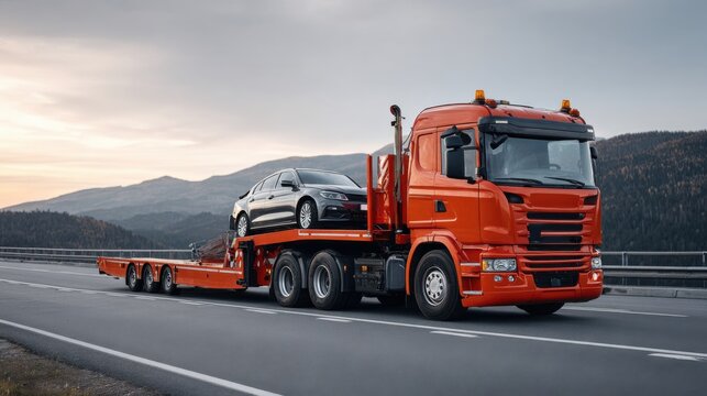 Bright orange tow truck transporting a black sedan on a flatbed trailer, driving along a highway surrounded by mountains and a cloudy sky, showcasing vehicle transportation services
