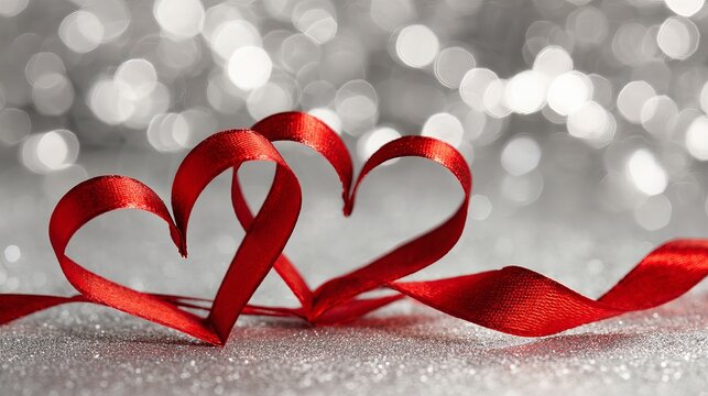Two intertwined red hearts made of ribbon on a glittery silver background with a bokeh effect - Powered by Adobe