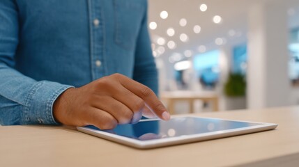 African American man interacting with a tablet device on a wooden table in a bright, modern environment, showcasing technology and user engagement in a retail setting