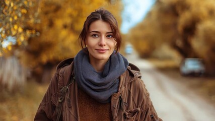 Young woman enjoys a leisurely walk in cozy autumn attire along a scenic path surrounded by golden trees