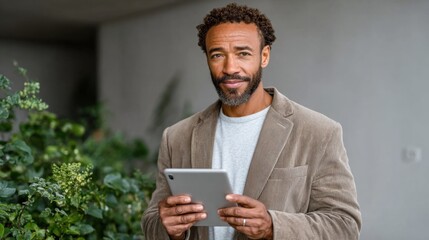 African American man in a casual gray blazer stands outdoors, holding a tablet, surrounded by lush greenery, showcasing modern technology and connection with nature