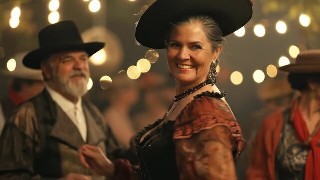 Elegant Spanish woman, in traditional attire and wide brim hat, joyfully dances with a companion at a vibrant cultural evening gathering, embodying spirited Hispanic tradition.