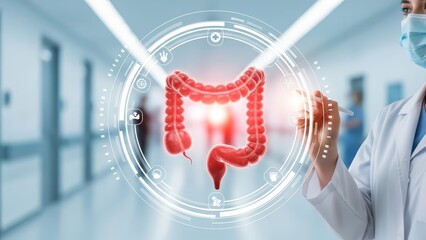 Medical professional wearing a protective mask interacts with a holographic display of the human colon in a blurred hospital corridor.