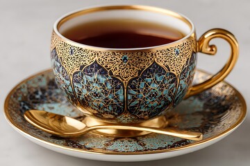 Elegant ornate teacup with intricate gold and blue patterns on a matching saucer