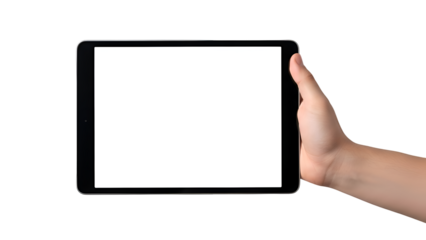 Hand Holding Black Tablet with Blank White Screen Isolated on White Background