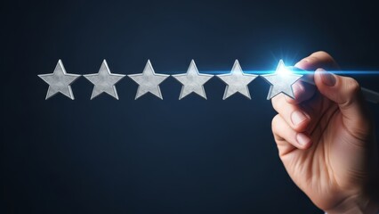 Person's hand meticulously adds the final brilliant star to complete a flawless seven-star rating system