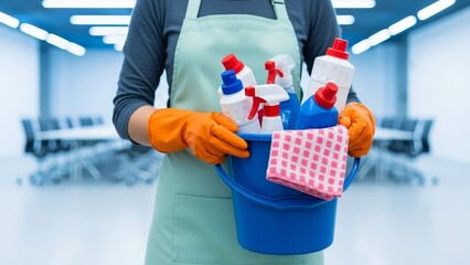 Person wearing an apron and orange gloves holds a blue bucket filled with cleaning supplies and a cloth