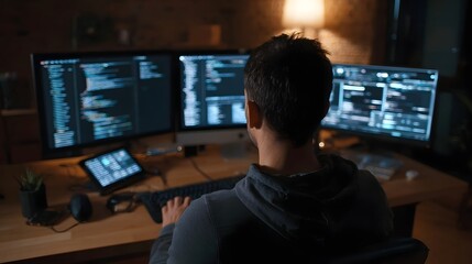 A programmer works late at night on a complex coding project displayed on multiple monitors in a dimly lit office