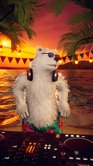 3D Render of Polar Bears on Tropical Beach: Hawaiian Sunset Party with DJ & Hula Dance. Ideal for Romantic Travel, Tropical Holidays, and Valentine&rsquo;s Day.