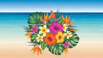 Tropical flowers and leaves on beach background