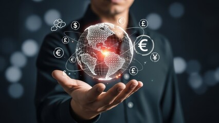 Businessman holds a holographic digital globe featuring global currency symbols representing international finance and interconnected world markets.