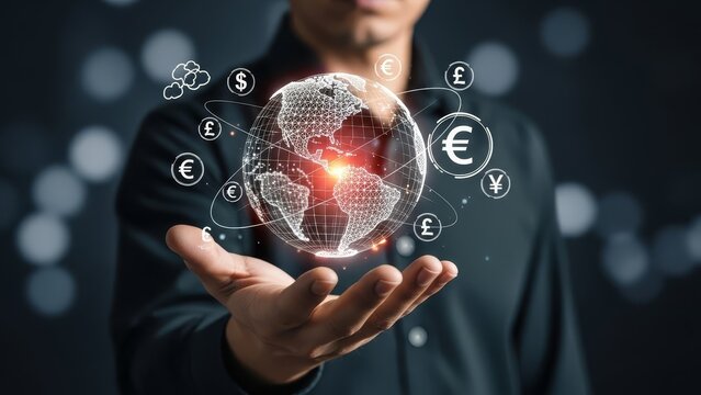 Businessman holds a holographic digital globe featuring global currency symbols representing international finance and interconnected world markets. - Powered by Adobe
