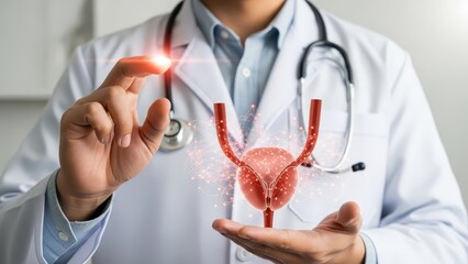 Doctor is presenting a digital human bladder model with ureters, highlighting advanced urology research and medical diagnosis concepts.