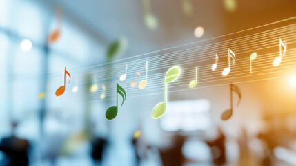 Colorful musical notes float above blurred background, creating vibrant and lively atmosphere that evokes joy and creativity