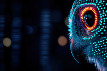 Neon enhanced cyber owl with glowing features and intricate patterns, showcasing futuristic design in dark environment