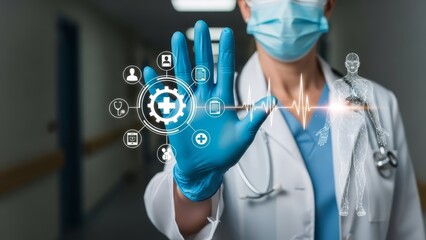 Doctor wearing blue gloves and mask gestures towards digital healthcare interface with medical icons and human anatomy hologram