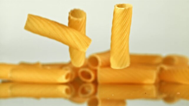Super slow motion dry pasta rigatoni . Filmed on a high-speed camera at 1000 fps. High quality FullHD footage