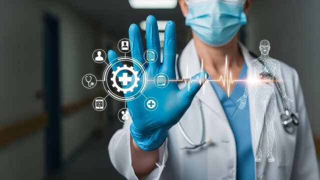 Doctor wearing blue gloves and mask gestures towards digital healthcare interface with medical icons and human anatomy hologram - Powered by Adobe