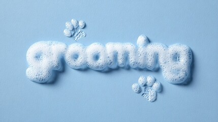  inscription "grooming" written in thick soapy foam with a comb, scissors, and soapy paw prints of a dog or cat on a blue background. A banner with copy space for pet services and maintenance.
