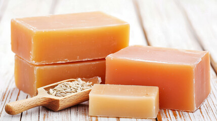 Natural soap blocks with wooden scoop of seeds, showcasing organic soap making process. warm colors evoke sense of calm and purity