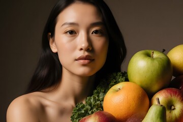 A woman holding a pile of fruit and vegetables