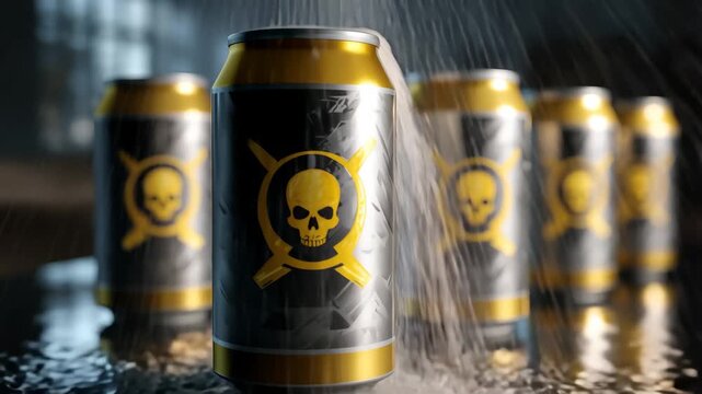 Realistic six pack of beer cans featuring a poison symbol on a damp surface in an industrial setting during low light conditions
