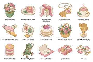 Isometric 3D icons set for Mother's Day, modern family celebration, motherhood and parenting, maternal gifts and love, family bonds