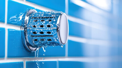 Water drips from chrome bathroom vent against blue tiled wall, showcasing clean and modern design