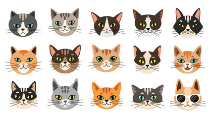 Fototapeta premium Charming collection of fifteen diverse cartoon cat faces with different colors, patterns, and expressions on a white background.