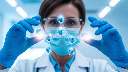 Focused scientist wearing protective gear examines a glowing molecular structure in a modern laboratory setting