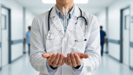 Healthcare professional holds a shimmering digital representation of human lungs offering innovative medical insight and respiratory care