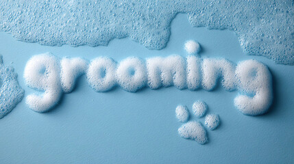  inscription "grooming" written in thick soapy foam with a comb, scissors, and soapy paw prints of a dog or cat on a blue background. A banner with copy space for pet services and maintenance.