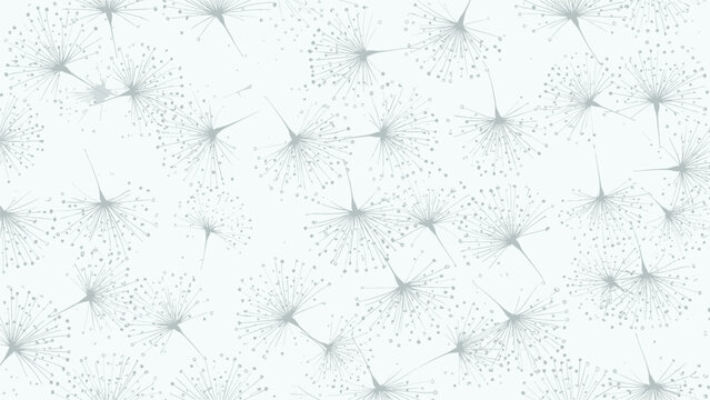 Soft and airy pattern of light blue stylized dandelion seeds floating across a pale background creating a gentle floral texture.
