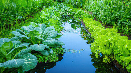 Lush green vegetables reflect beautifully in serene puddle, creating tranquil scene in vibrant garden