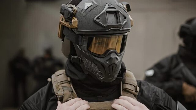 Medium shot focused on advanced protective wear featuring modular components tailored for varied tactical missions and adaptability.