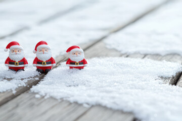Santa Claus figurines on snowy wooden surface create festive atmosphere, evoking holiday cheer and warmth