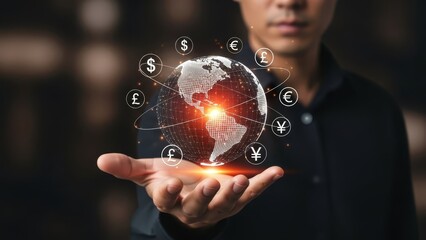 Man holds a futuristic glowing digital globe representing global financial networks and international currency exchange.