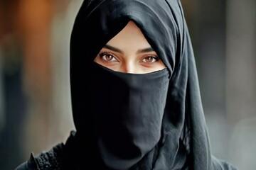 Naklejka premium Close-up view of a girl wearing a black hijab with expressive eyes in a calm outdoor setting during the day